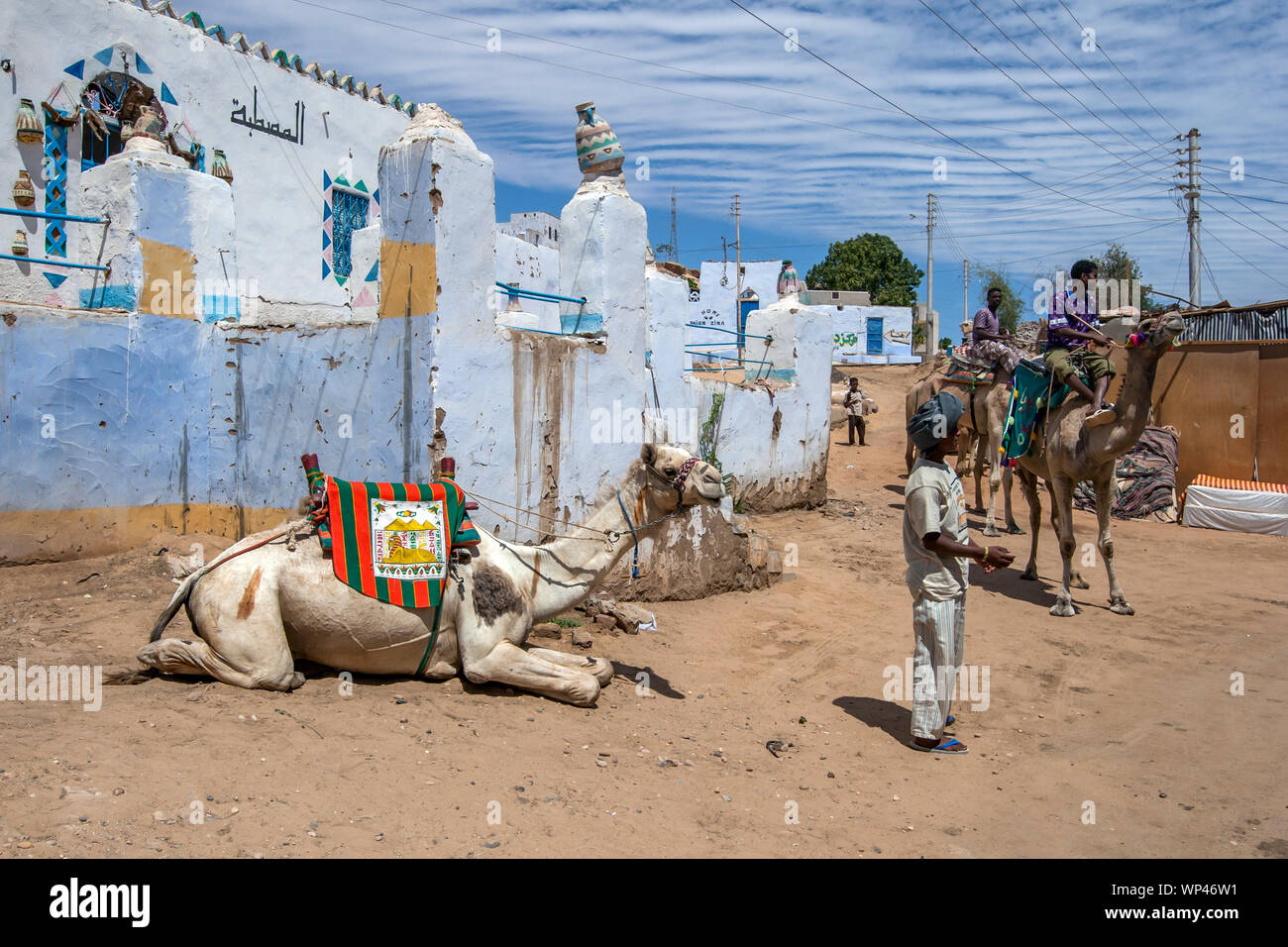 Un camello se relaja en la aldea de Nubia Garb-Sohel tras la realización de un turista a lo largo de la orilla oeste del río Nilo, en la región de Asuán en Egipto. Foto de stock
