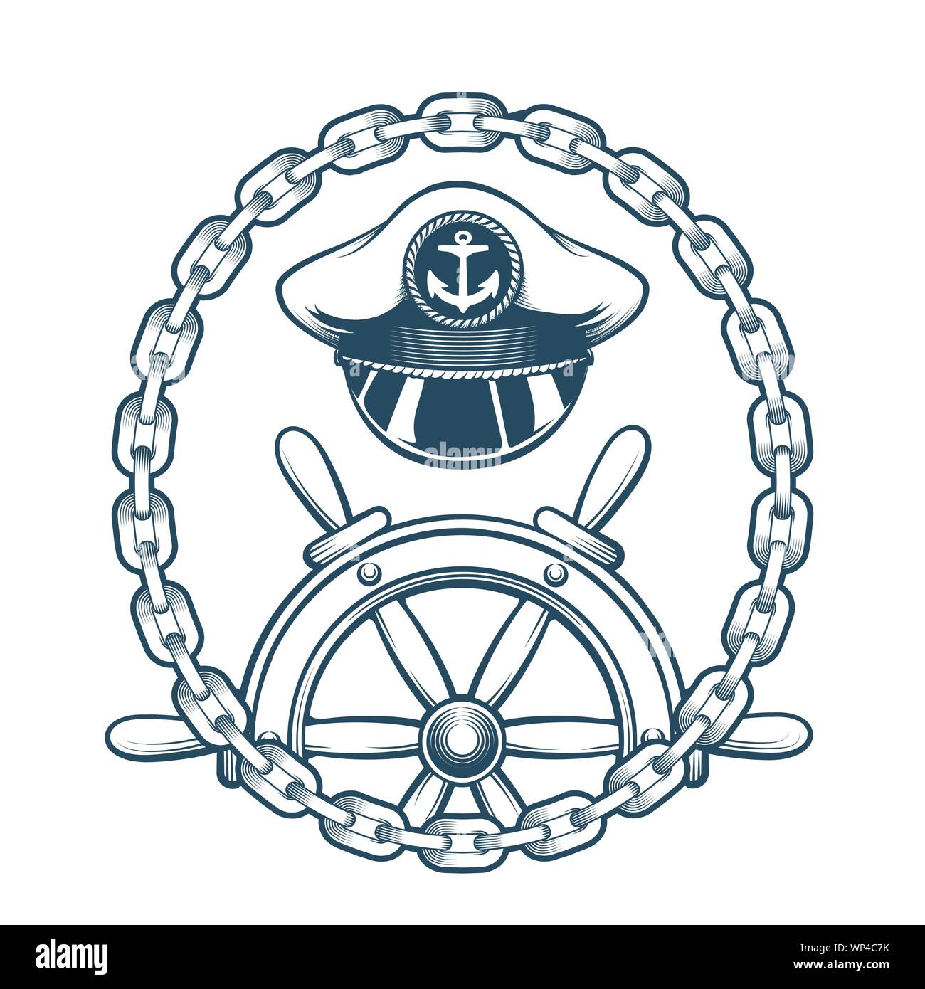 Captain Hat y volante en el círculo de las cadenas. Grabado emblema náutico. Ilustración vectorial. Ilustración del Vector