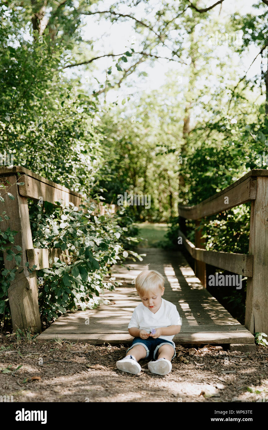 Lindo pequeño Rubio Niño Niño Niño Niño sentado y riendo delante del puente de madera sobre un arroyo en el parque en el bosque durante el verano Foto de stock