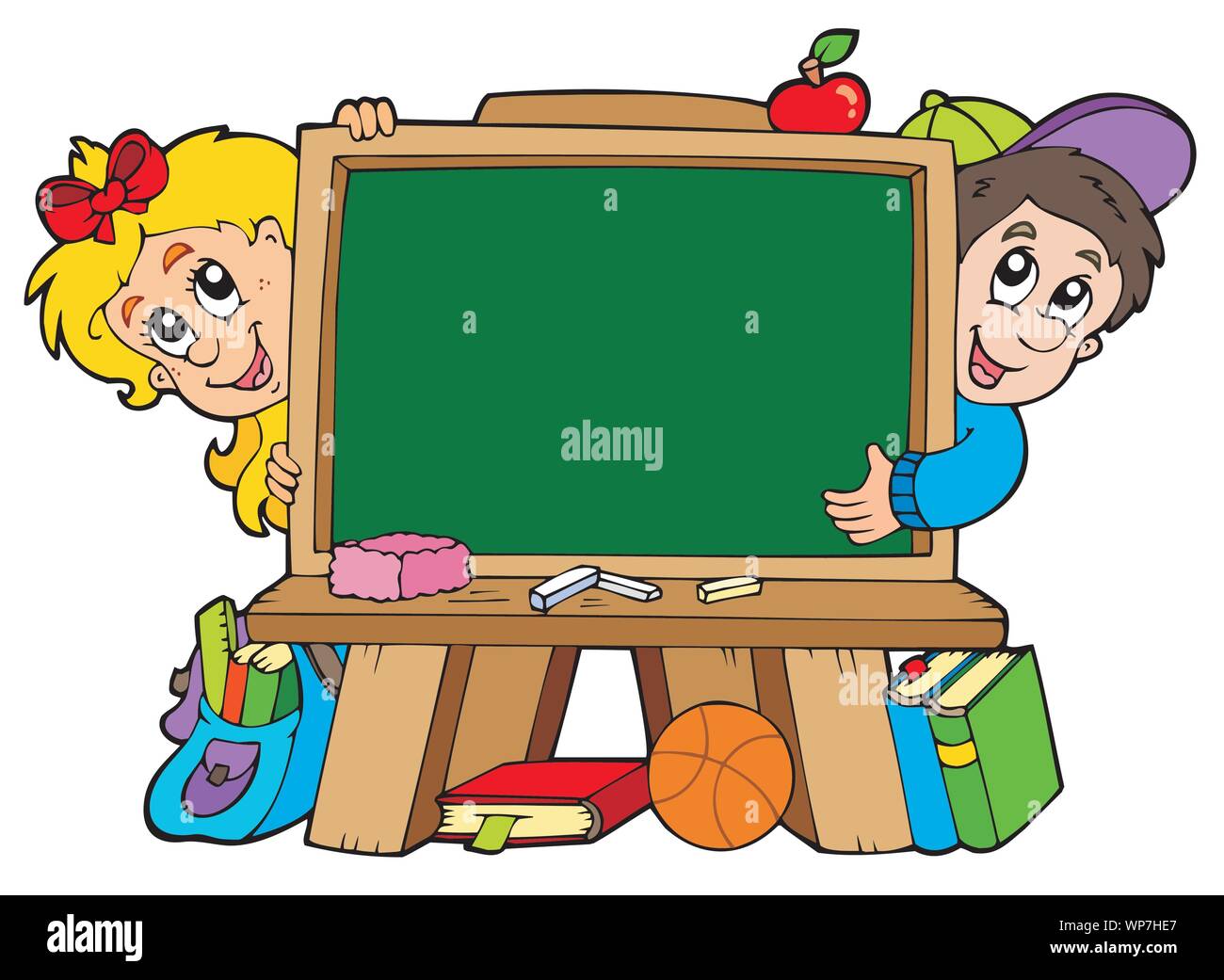 manzana Mirar fragancia Pizarra escolar con dos niños Imagen Vector de stock - Alamy