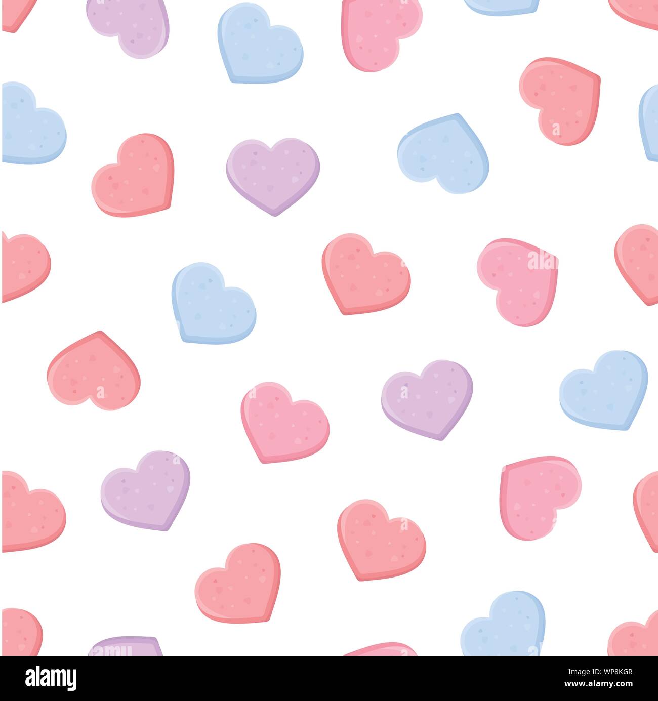 Vector de San Valentín patrón sin fisuras con rosa, violeta y azul sweetheart caramelos sobre un fondo blanco. Ilustración del Vector