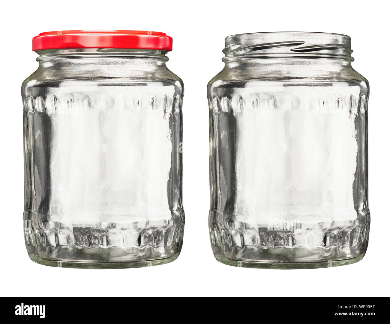 Cierra y abre frascos de vidrio vacíos aislado en blanco Foto de stock