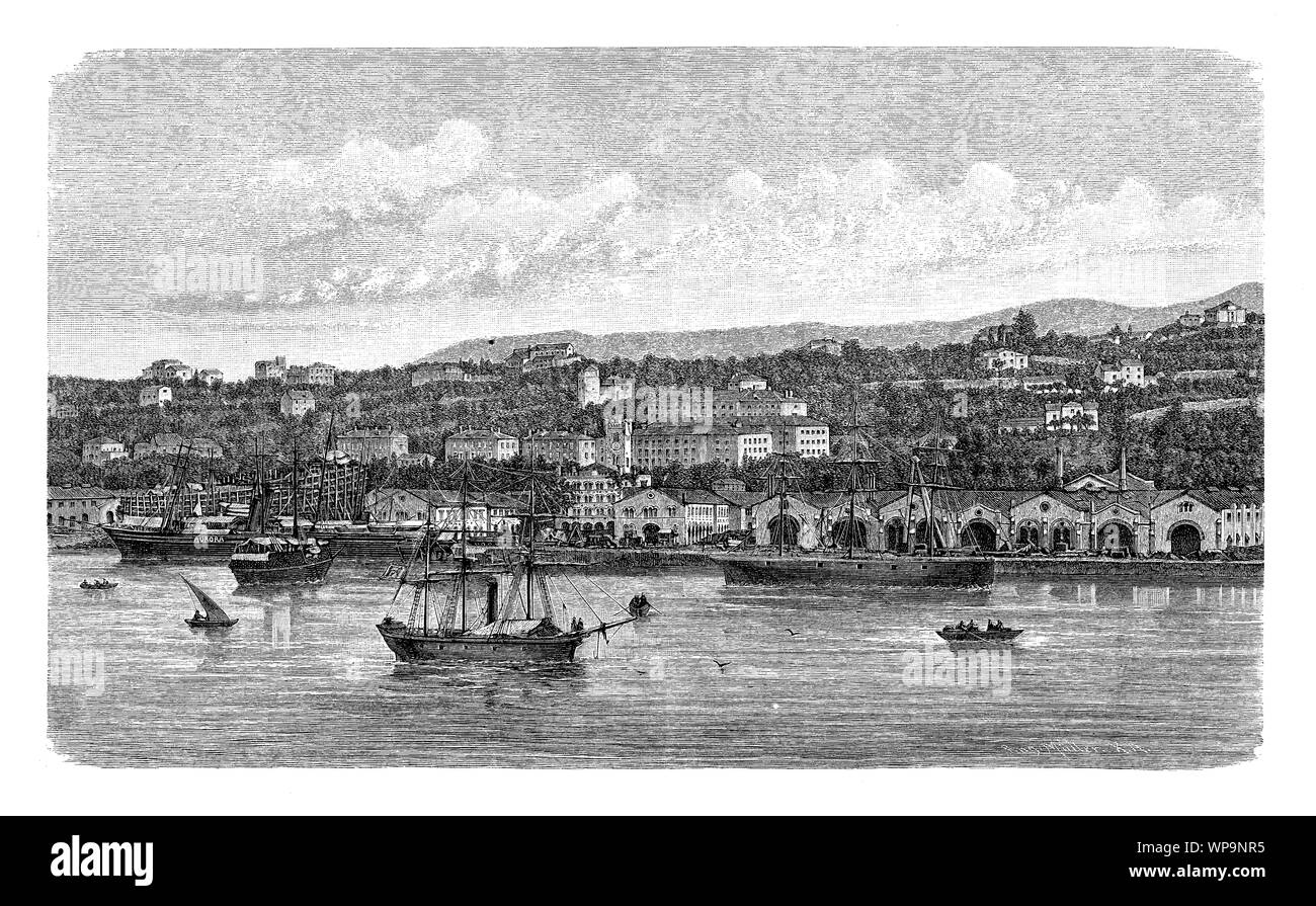 Vista de la Lloyd arsenal astillero de reparación, muelles y diques secos en la bahía de Barcola Trieste, del siglo XIX. Foto de stock