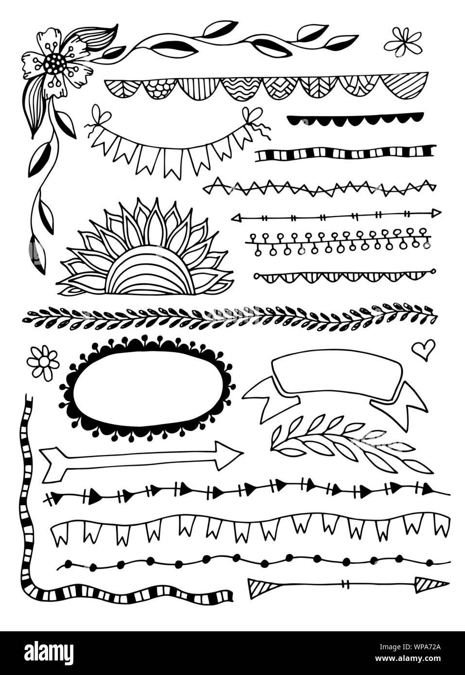 Juego de dibujo a mano alzada dibujo doodle divisor elementos de decoración  cuadros, líneas de borde Imagen Vector de stock - Alamy
