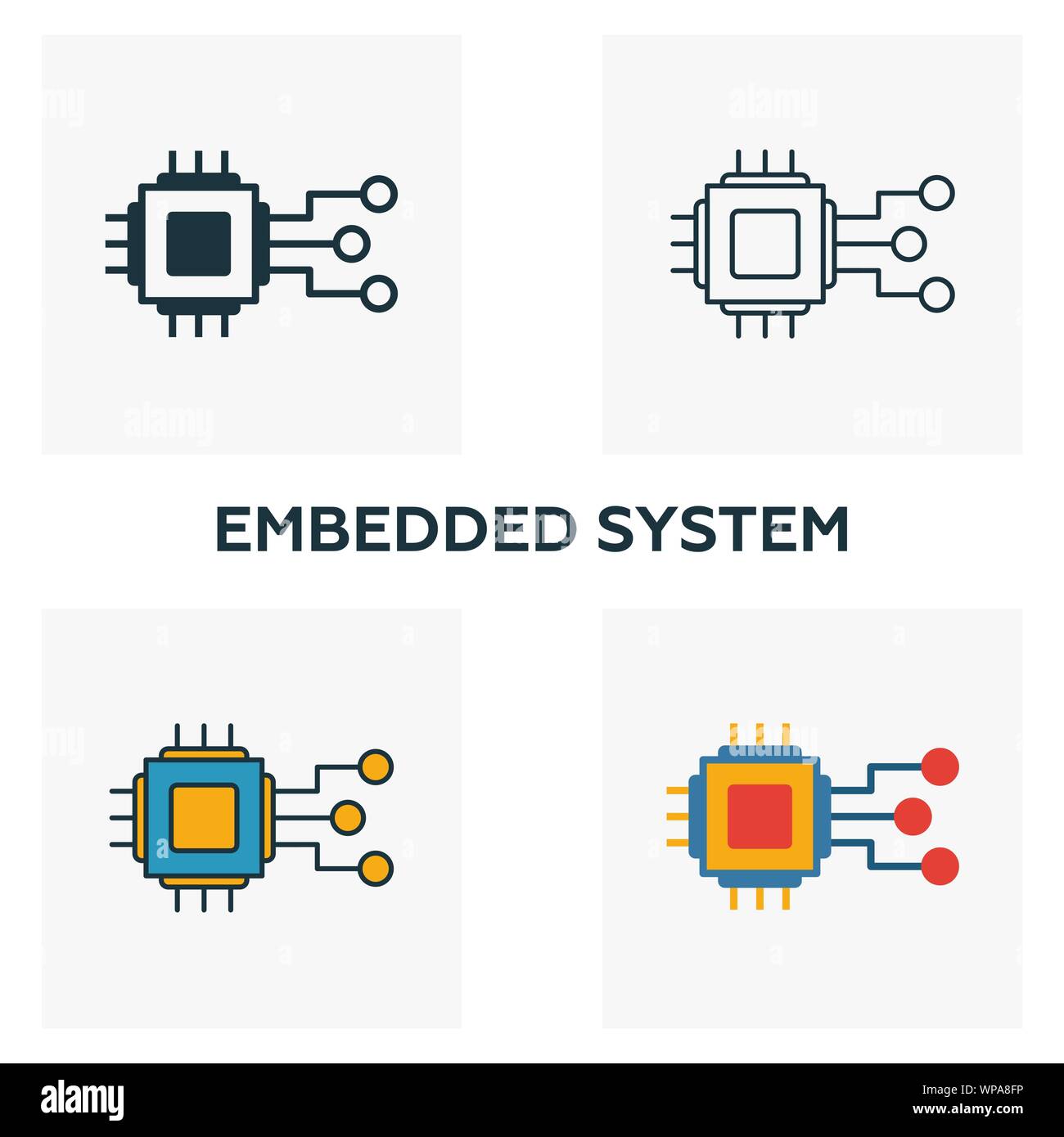 Sistema integrado conjunto de iconos. Cuatro elementos de diferentes  estilos, desde la industria 4.0 Colección de iconos. Iconos de sistema  embebido creativo lleno, contorno, color Imagen Vector de stock - Alamy