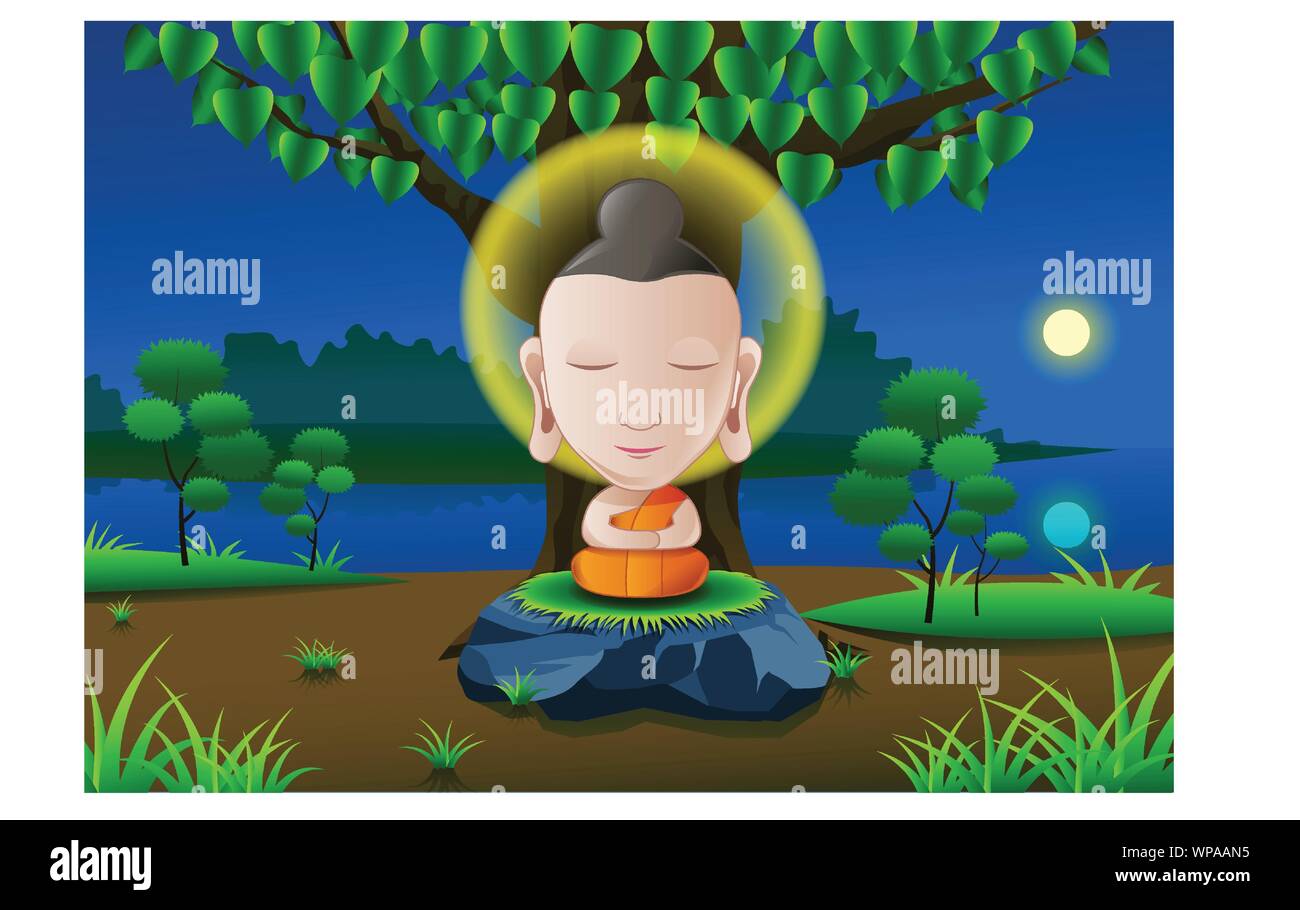Señor Buddha de volvernos iluminados bajo el árbol en noche de luna llena cerca de River en la India en cartoon version,ilustración vectorial Ilustración del Vector