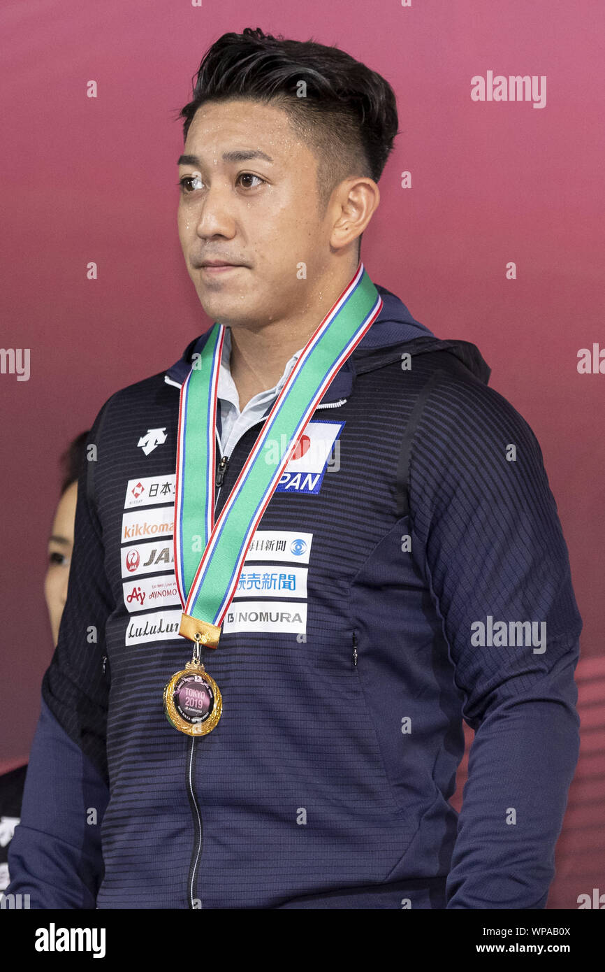 Tokio, Japón. 8 Sep, 2019. Ryo (Japón), medallista de oro de la categoría de Kata Masculino, posa para cámaras durante ceremonia de entrega de premios del Karate1 Premier League