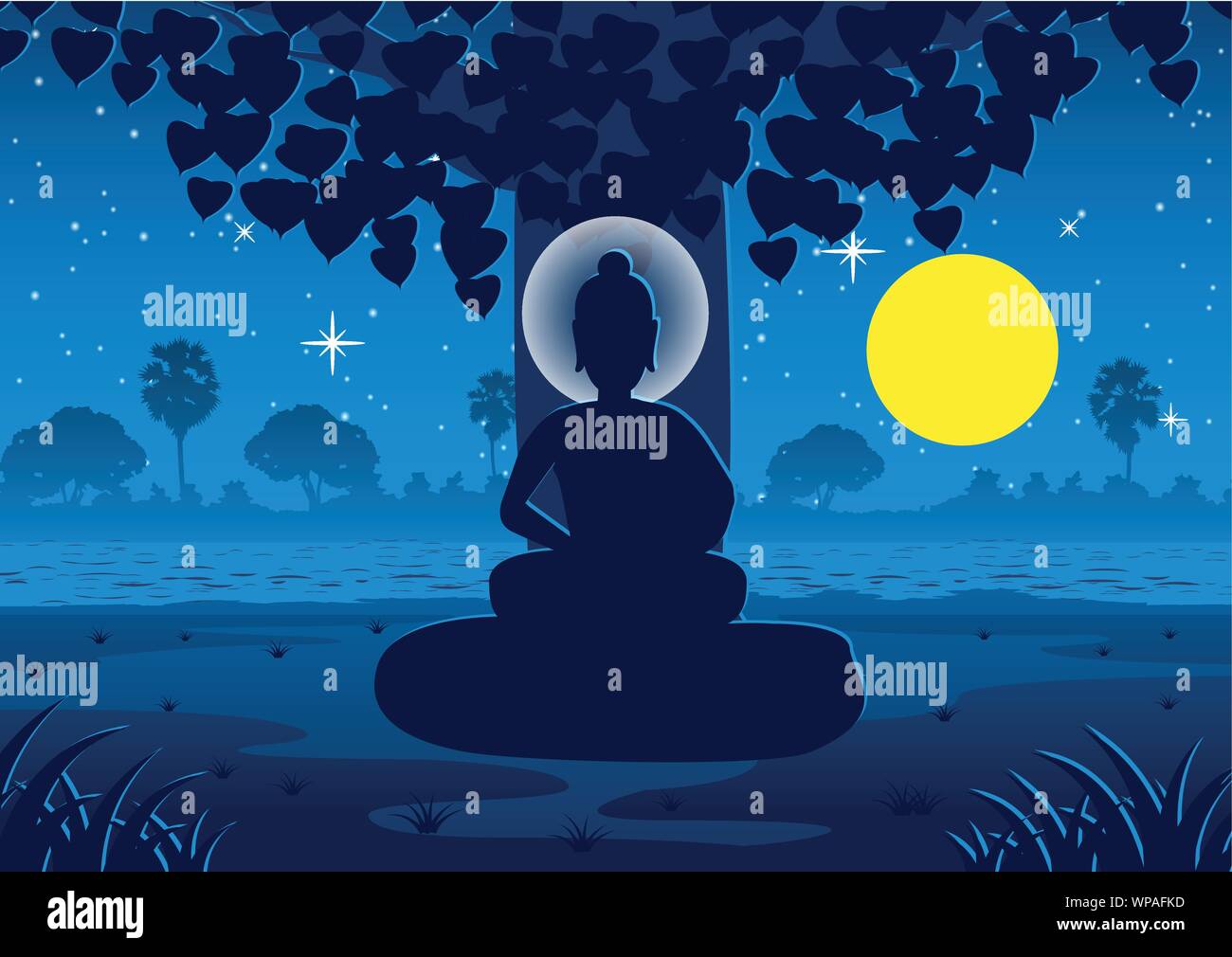 Señor Buddha de volvernos iluminados bajo el árbol en noche de luna llena cerca del río en la India,ilustración vectorial Ilustración del Vector
