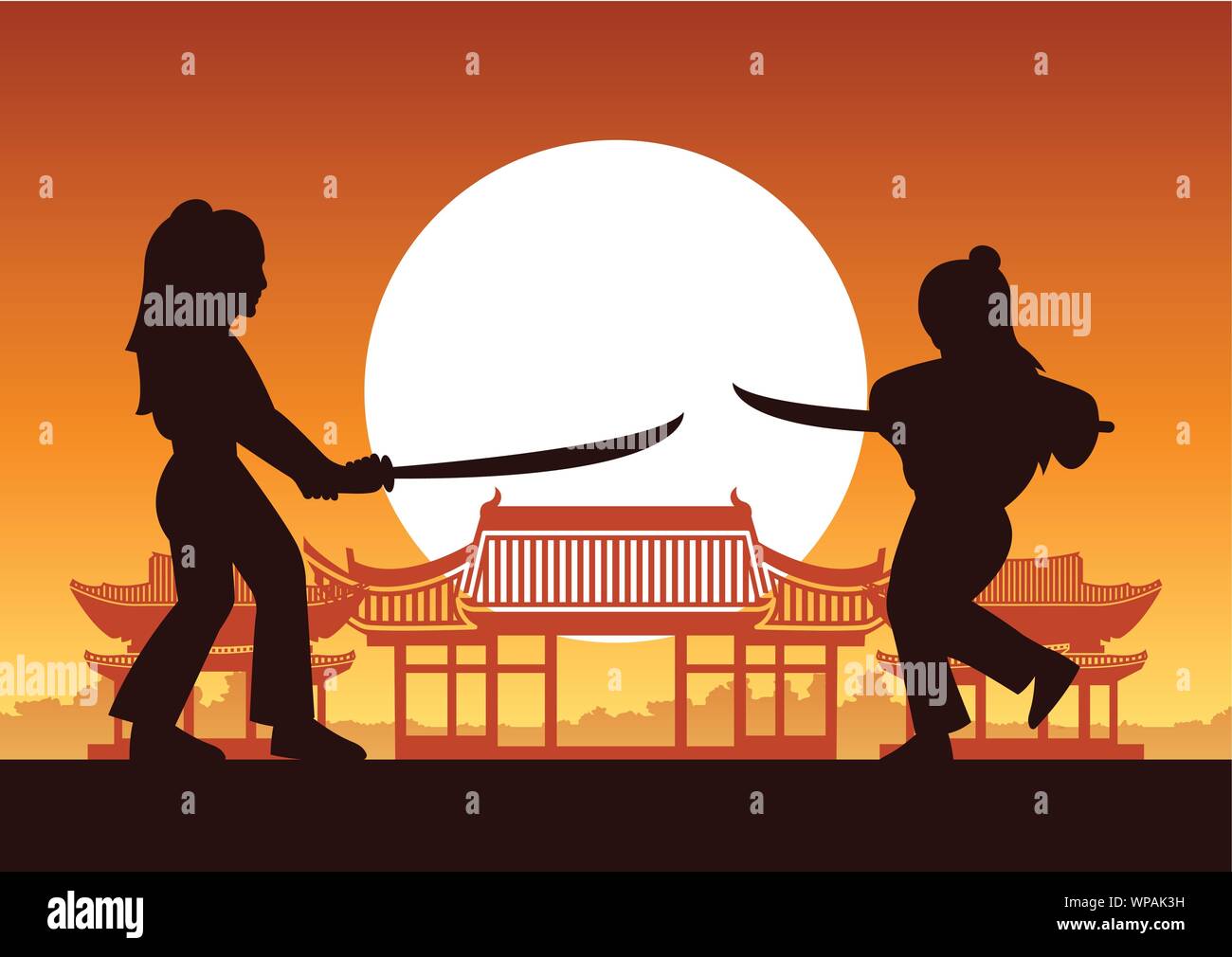 Tren héroe marcial chino luchar el uno contra el otro frente a los antiguos chinos casa en sunset time,silueta style,ilustración vectorial Ilustración del Vector
