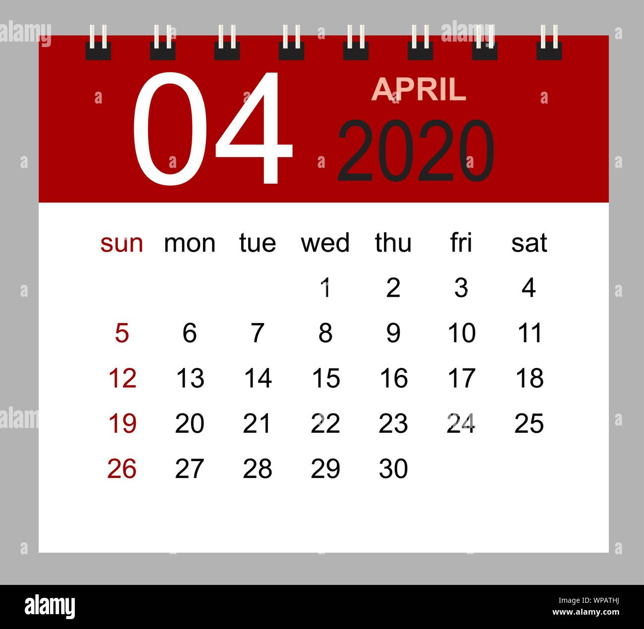 Simple escritorio calendario para abril de 2020. La semana comienza el  domingo. Ilustración vectorial aislados Imagen Vector de stock - Alamy