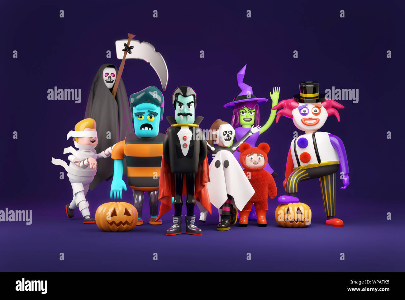 Una colección de personajes monstruosos disfraces de Halloween. Ilustración  3D Fotografía de stock - Alamy