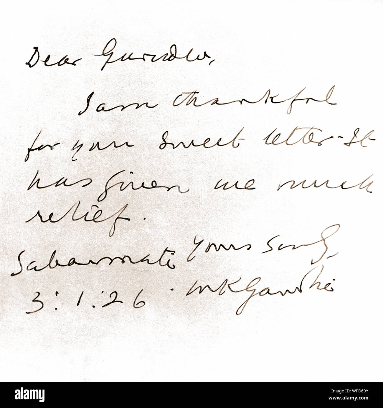 Carta manuscrita por Mahatma Gandhi a Rabindranath Tagore, India, Asia, 1 de enero de 1926 Foto de stock