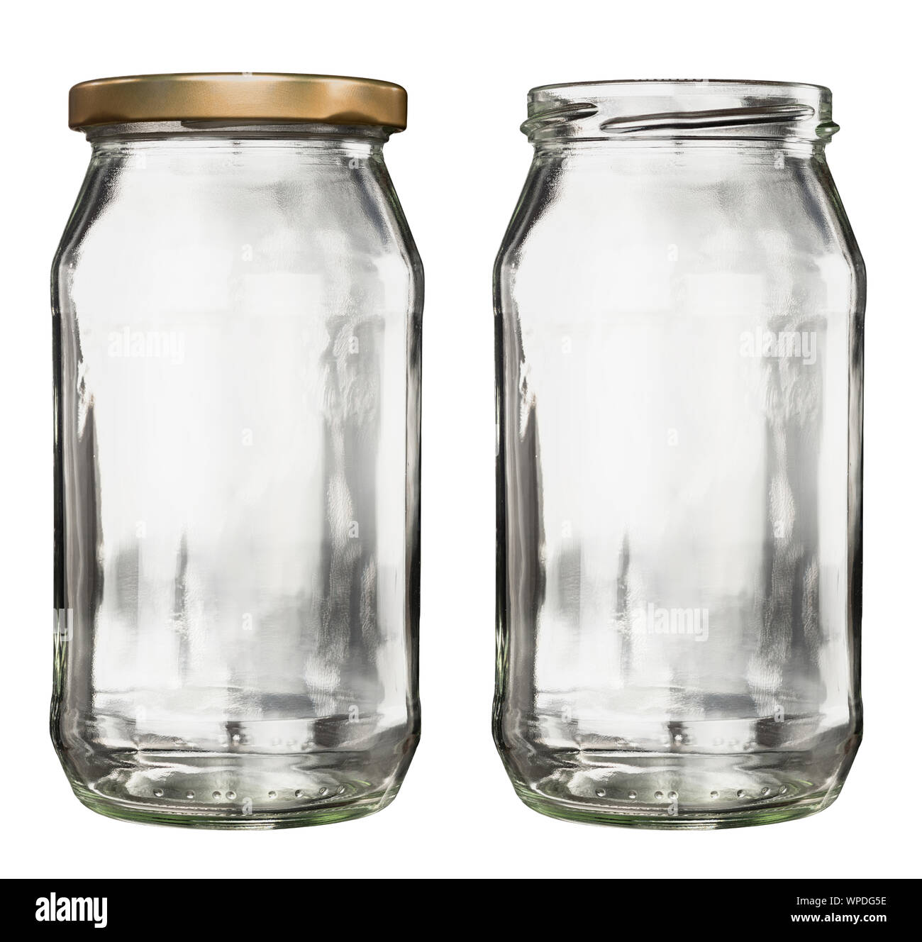 Cierra y abre frascos de vidrio vacíos aislado en blanco Foto de stock