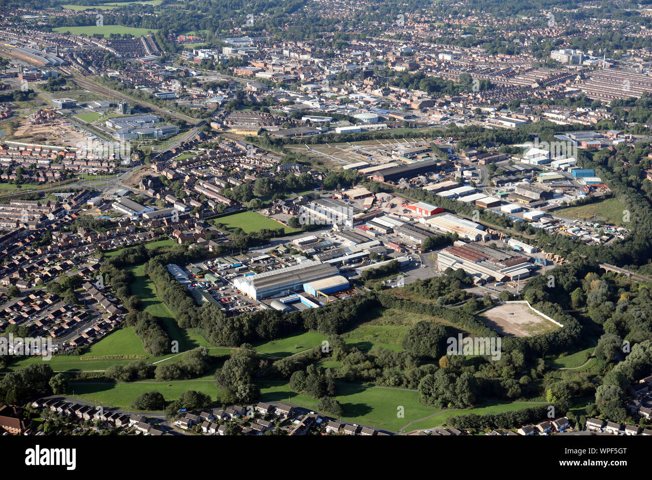 Vista aérea de Cleveland & Riverside polígonos industriales en Darlington, Condado de Durham, Reino Unido Foto de stock