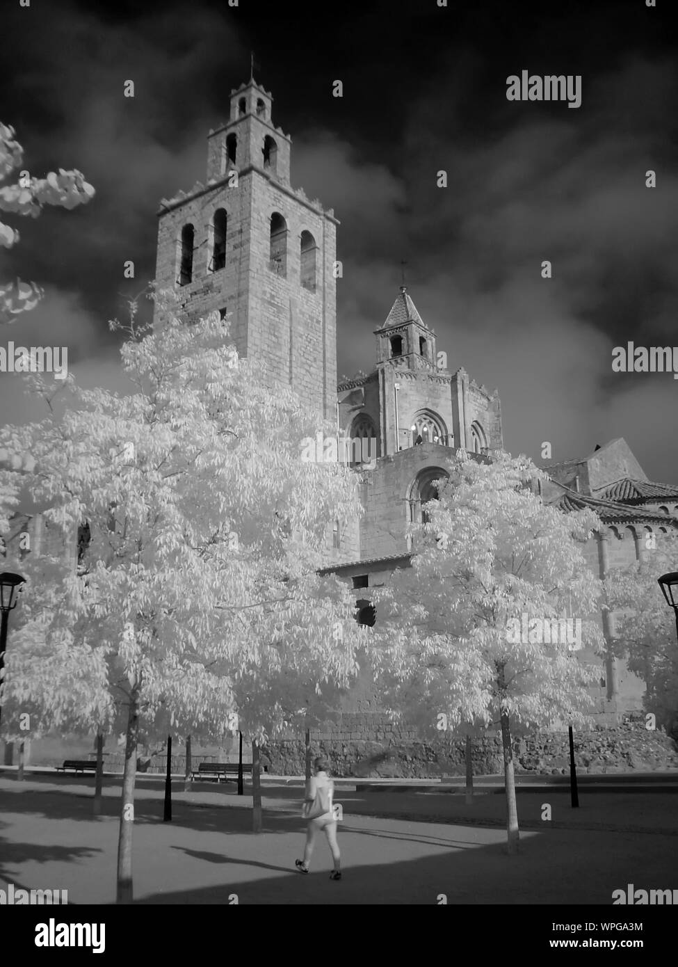 Ángulo de visión baja de monasterio antiguo contra el cielo nublado Foto de stock