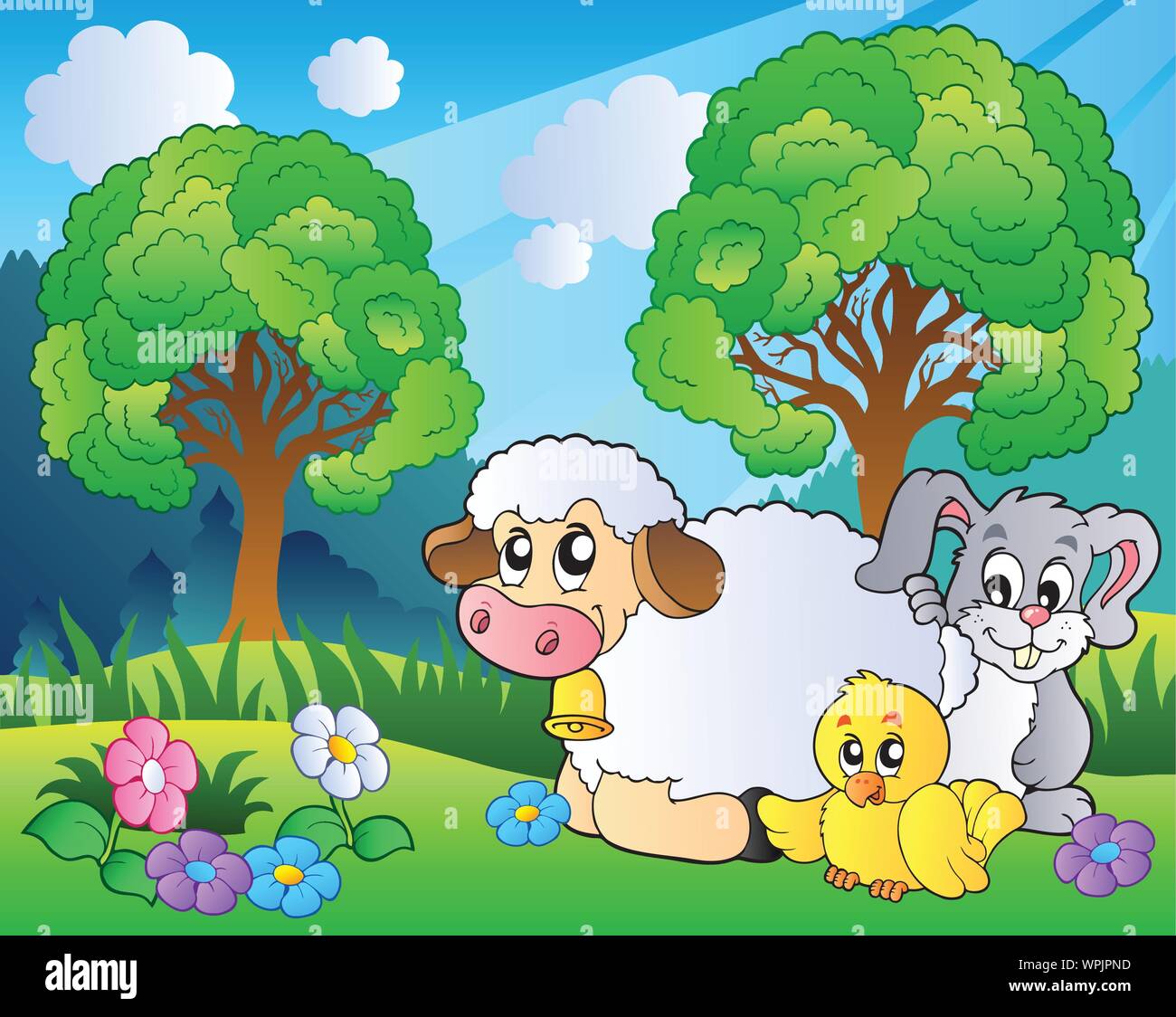 Pradera con animales de primavera Imagen Vector de stock - Alamy