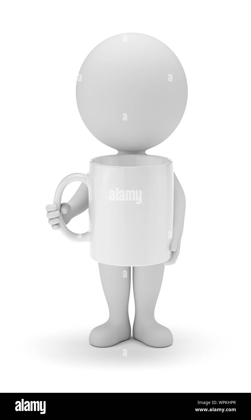 Gente pequeña 3d - stickman holding taza blanca grande en manos de pie en vista frontal. 3D rendering. Aislado sobre fondo blanco. Trazado de recorte Foto de stock