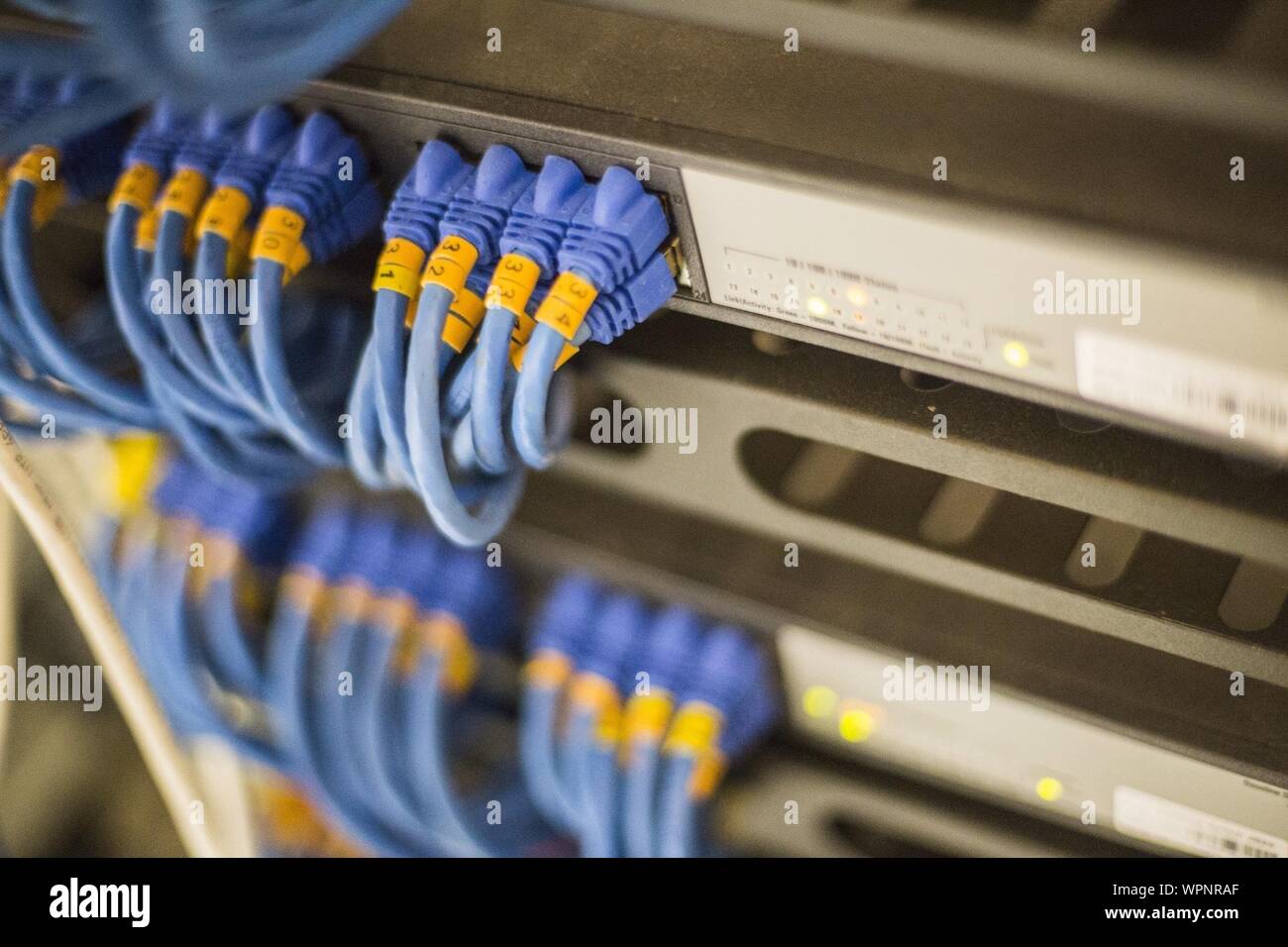 Cerca de enchufes de conexión de red en los routers Foto de stock