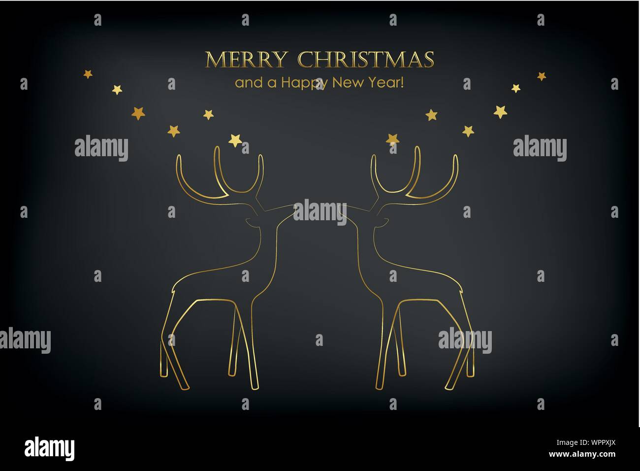 Tarjeta de navidad con renos y estrellas doradas sobre fondo negro