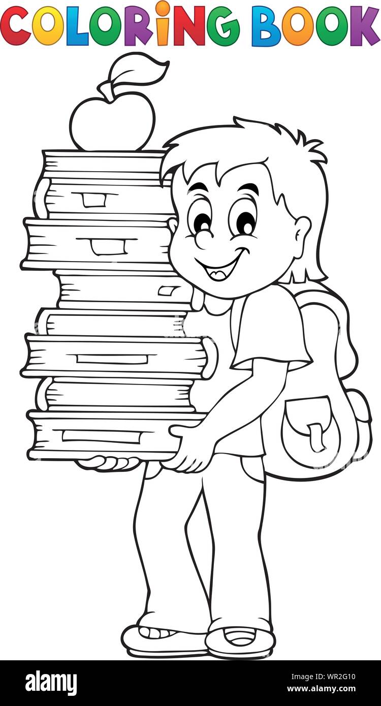 Libro para colorear con niño sosteniendo libros Imagen Vector de stock -  Alamy