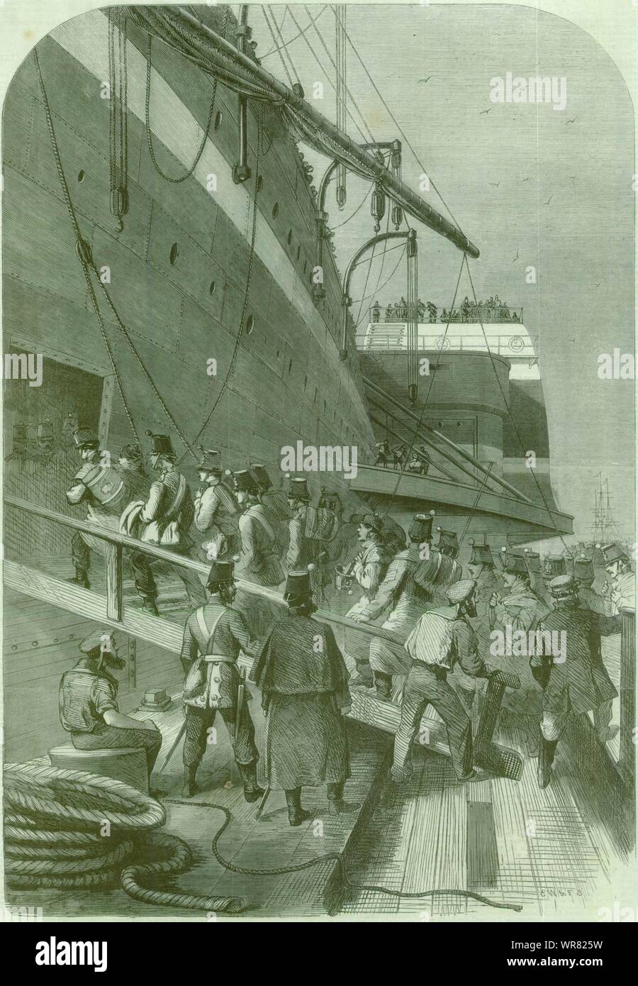 SS Great Eastern Mersey contingente canadiense soldados embarcarse. Liverpool 1861 Foto de stock