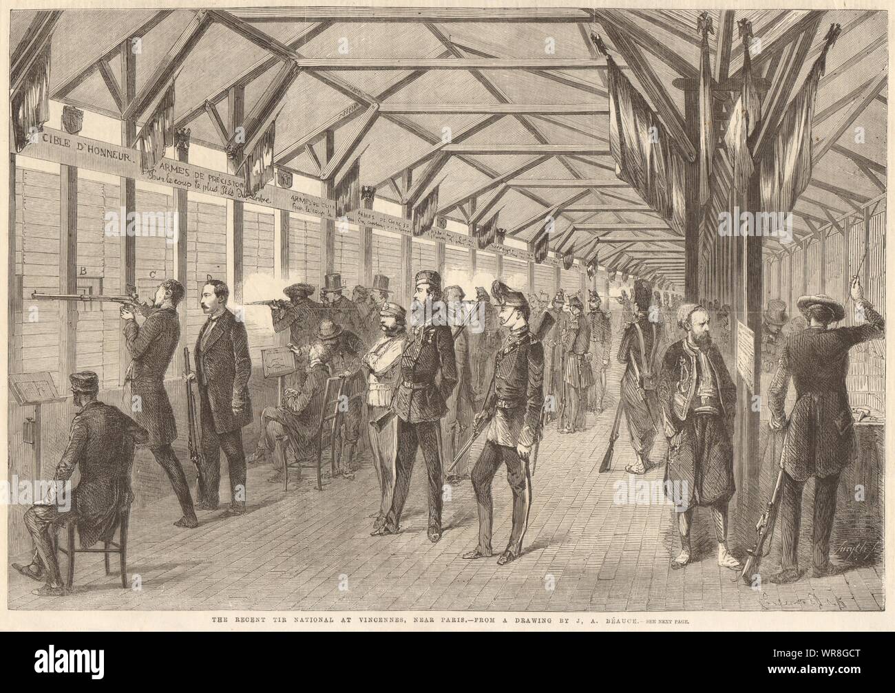 Tir Vincennes Nacional en París por J. A. Beauce. Carabina 1860 impresión ILN Foto de stock