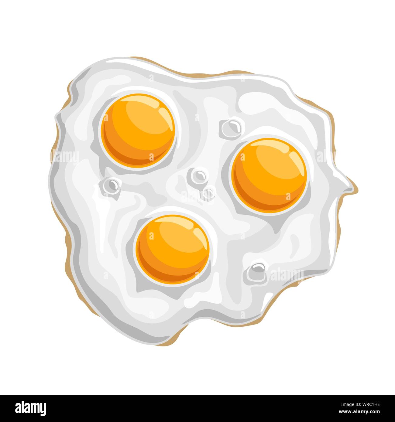Ilustración vectorial de huevos de pollo frito brillante: aislado de proteína blanco cocido con 3 amarillo yema de huevo, crujiente tradicional fry desayuno. Ilustración del Vector