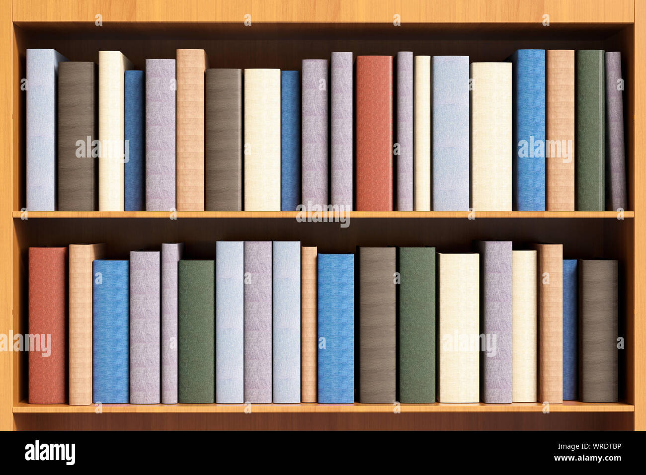 Estantería de madera con dos estantes llenos de libros de tapa dura con espinas en blanco Foto de stock