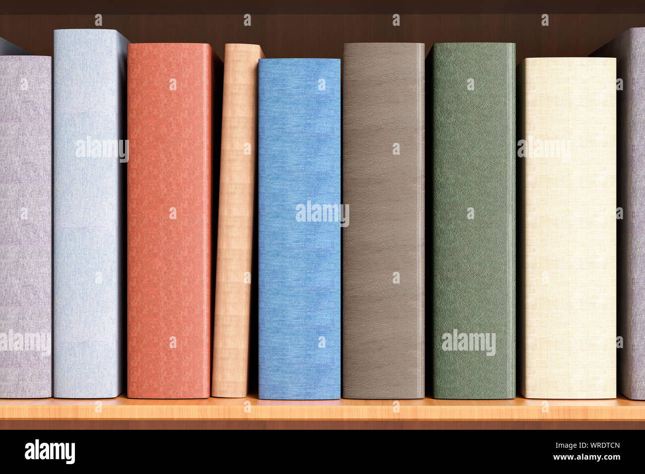 Libros de tapa dura con una columna en blanco en una estantería cercana Foto de stock