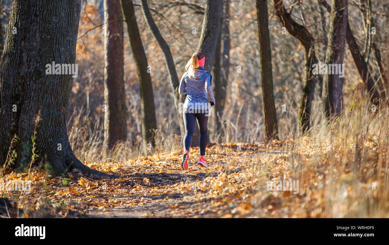 Joven Mujer fitness corriendo en el parque en la mañana de otoño. Vida sana de fondo para correr Foto de stock