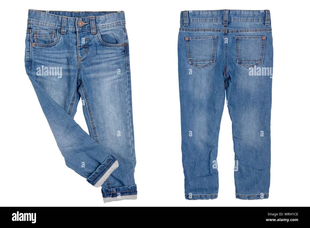 Jeans aislados. Moda elegante pantalón de mezclilla azul o pantalón de niño  chico con acogedor ambiente cálido forro. Aislado sobre un fondo blanco.  Thermojeans otoño y Fotografía de stock - Alamy