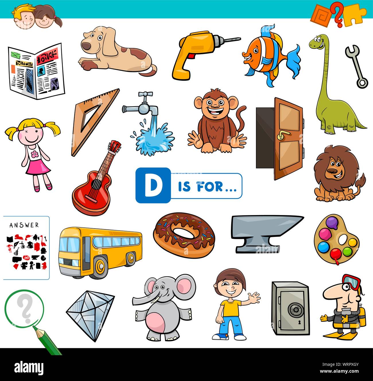 Ilustración de dibujos animados de encontrar la imagen que empiezan con la letra  D Hoja de tareas educativas para niños Imagen Vector de stock - Alamy