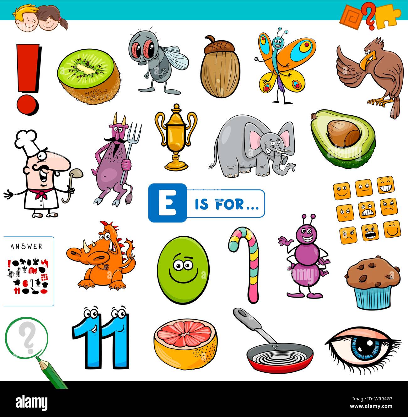 Ilustración de dibujos animados de encontrar la imagen que empiezan con la  letra E tarea educativa hoja para niños Imagen Vector de stock - Alamy