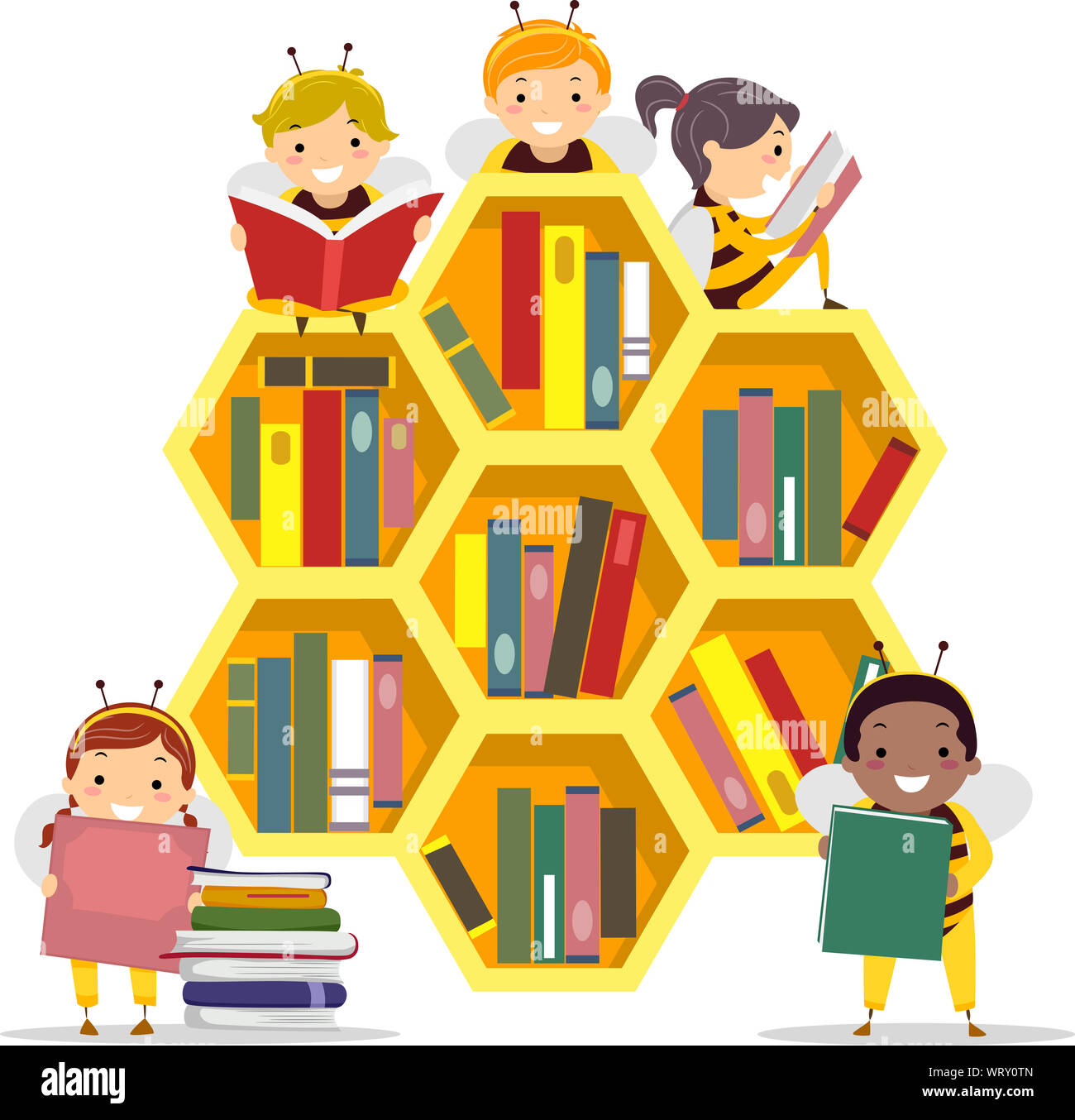 Ilustración de Stickman niños vestidos de traje de abeja, sosteniendo y  leyendo libros en una biblioteca en forma de colmena de abejas Fotografía  de stock - Alamy