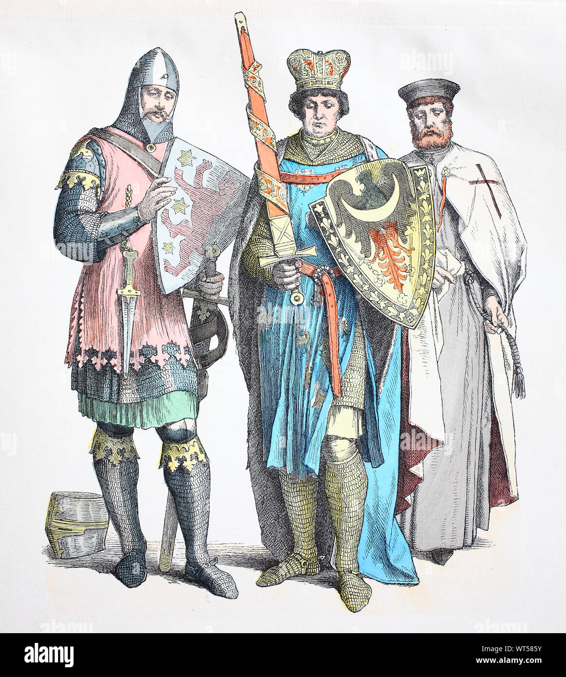 El traje nacional, la ropa, la historia de los trajes, los caballeros,  príncipe y caballero del templo, del siglo XIII, Volkstracht, Kleidung,  Geschichte der Kostüme, Ritter, Fürst und Tempelritter, 13. Jahrhundert  Fotografía