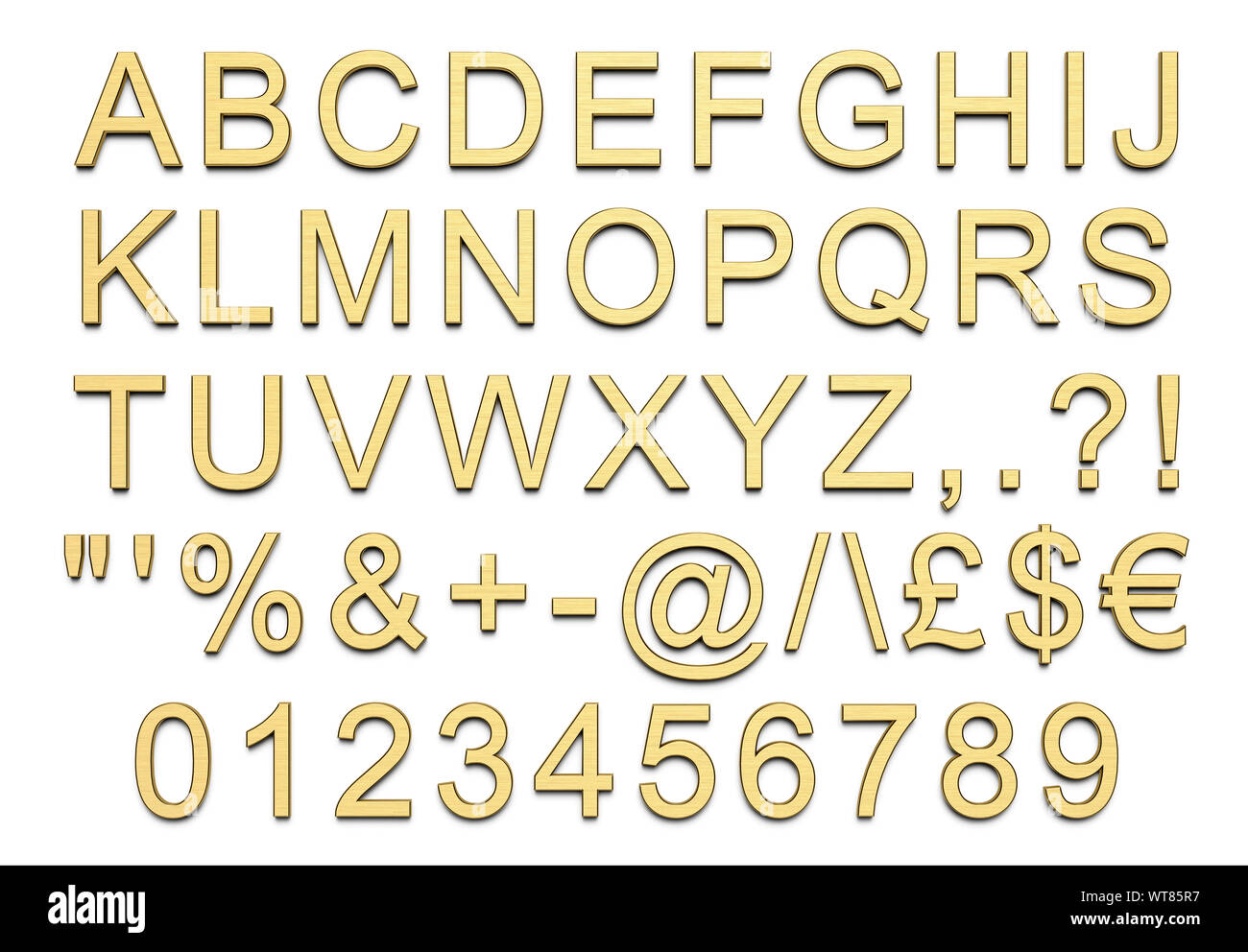 Letras, números y símbolos del alfabeto en mayúsculas, oro pulido Foto de stock