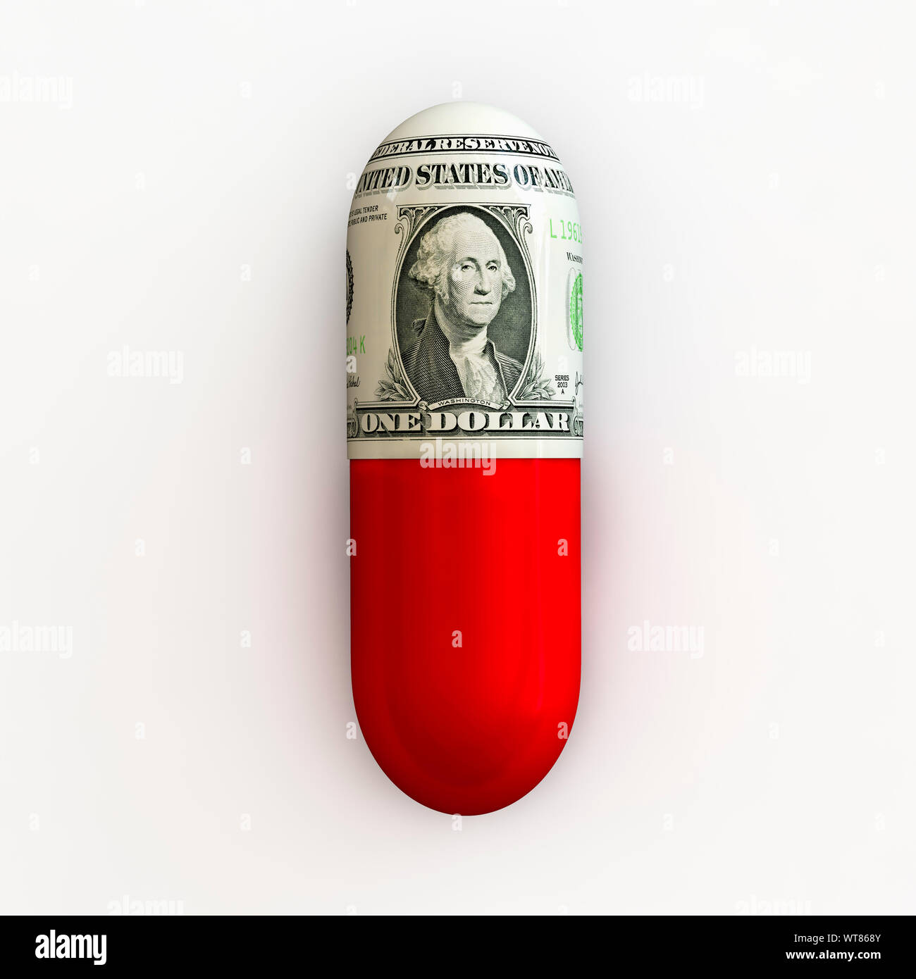 Cápsula de píldora con una factura de US One Dollar incluida, costo de la atención médica, costo de la medicina, facturas médicas, concepto Foto de stock