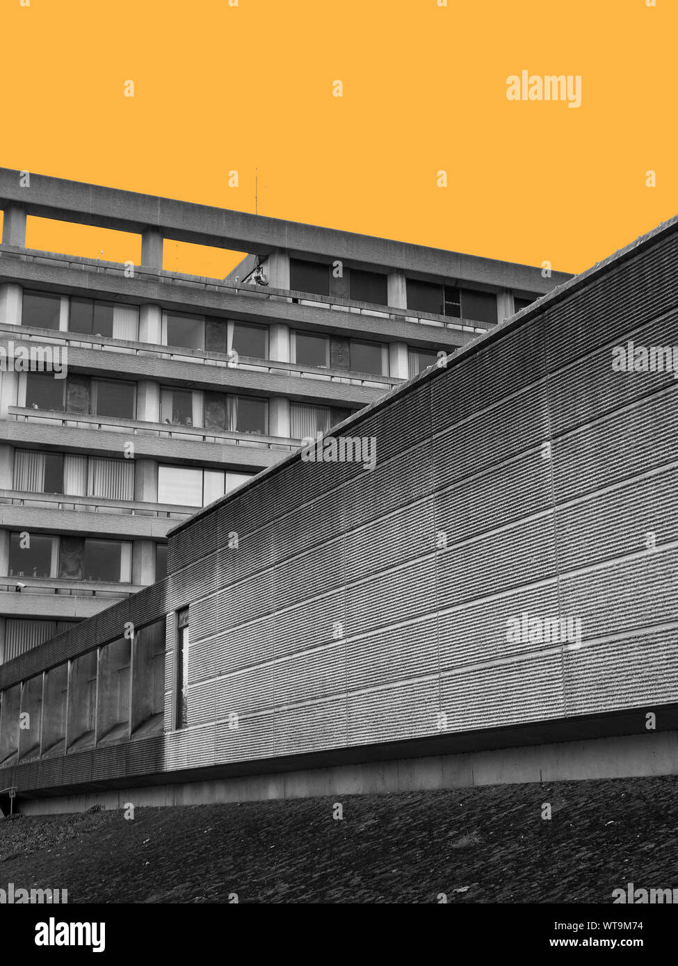 Detalles arquitectónicos en Borough Hall/County Hall, Bedford, Reino Unido. Un ejemplo de un bloque de oficinas concretas brutalist con colourised sky Foto de stock