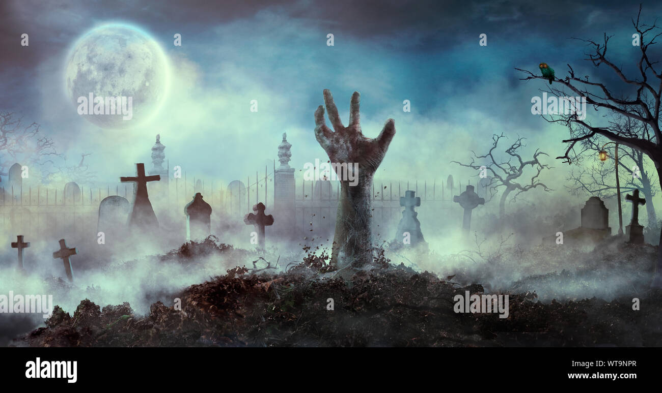 Mano de Zombie levantarse de la tumba. Diseño de Halloween con
