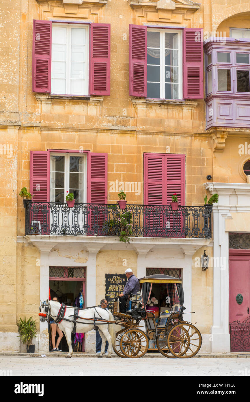 La antigua capital de Malta, Mdina, sobre una meseta en el centro de la isla, calles estrechas, típica calesa, para recorridos por la ciudad vieja Foto de stock