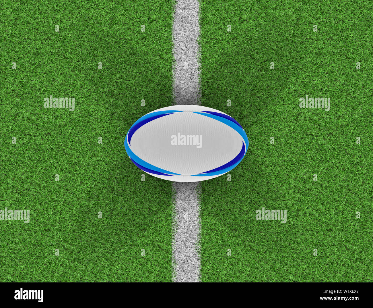 Una vista superior de un balón de rugby con textura blanca con elementos de diseño azul sobre un césped con marcas - 3D Render Foto de stock