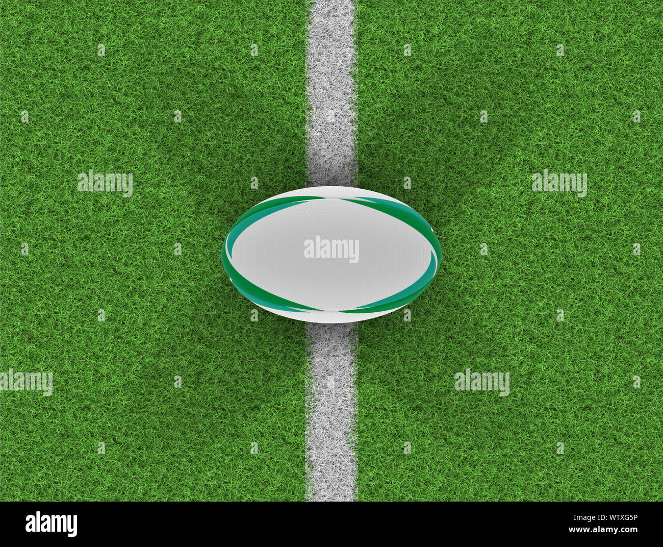 Una vista superior de un balón de rugby con textura blanca con elementos de diseño verde sobre un césped con marcas - 3D Render Foto de stock