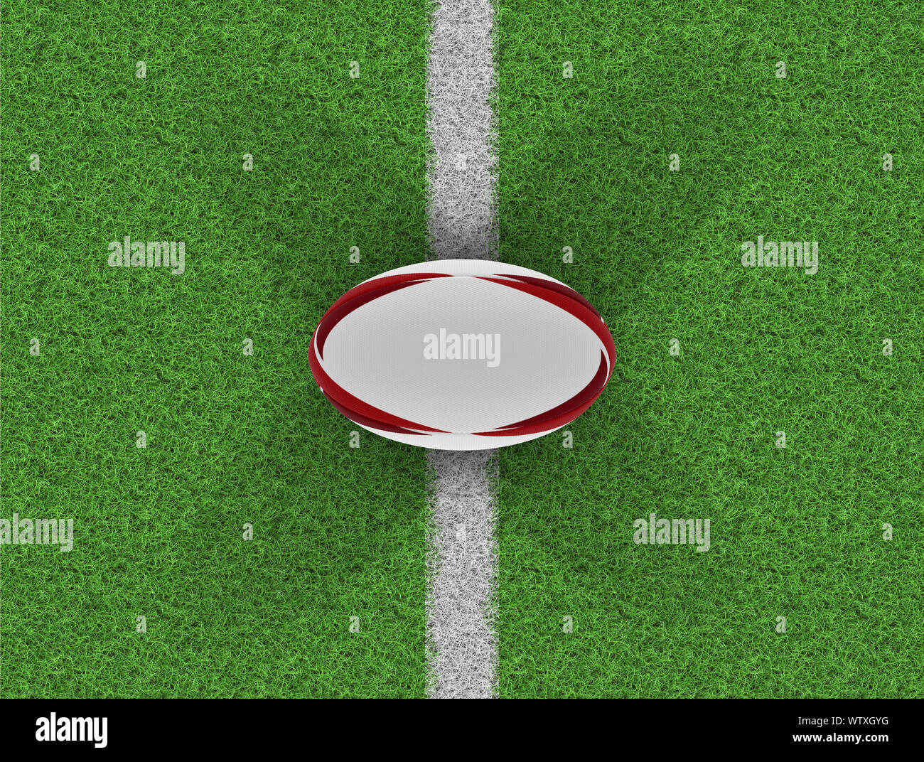 Una vista superior de un balón de rugby con textura blanca con elementos de diseño rojo sobre un césped con marcas - 3D Render Foto de stock