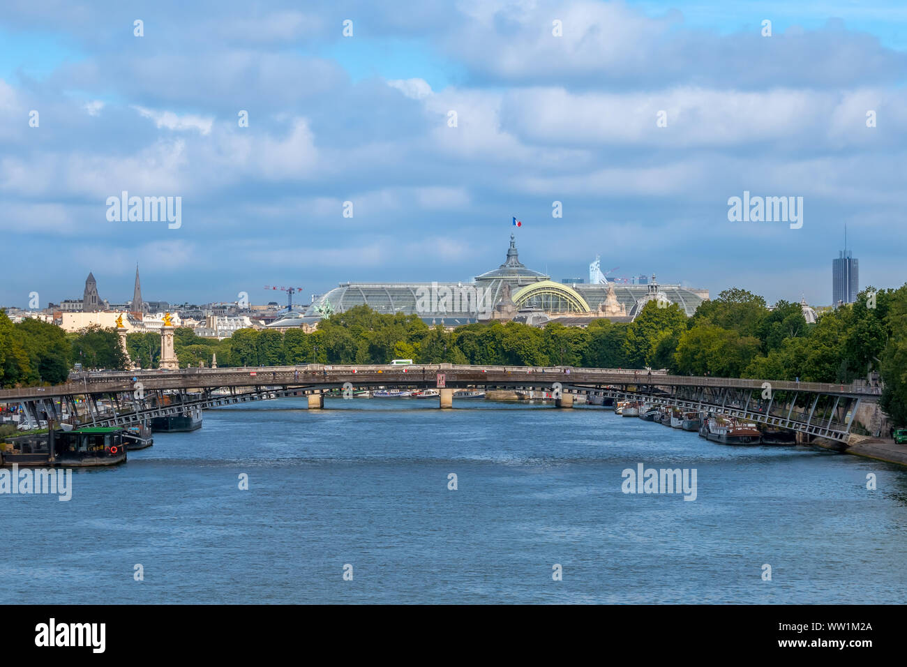 Francia. Día de verano en París. Cielo nublado sobre el Sena. Techo de cristal del Grand Palace Foto de stock