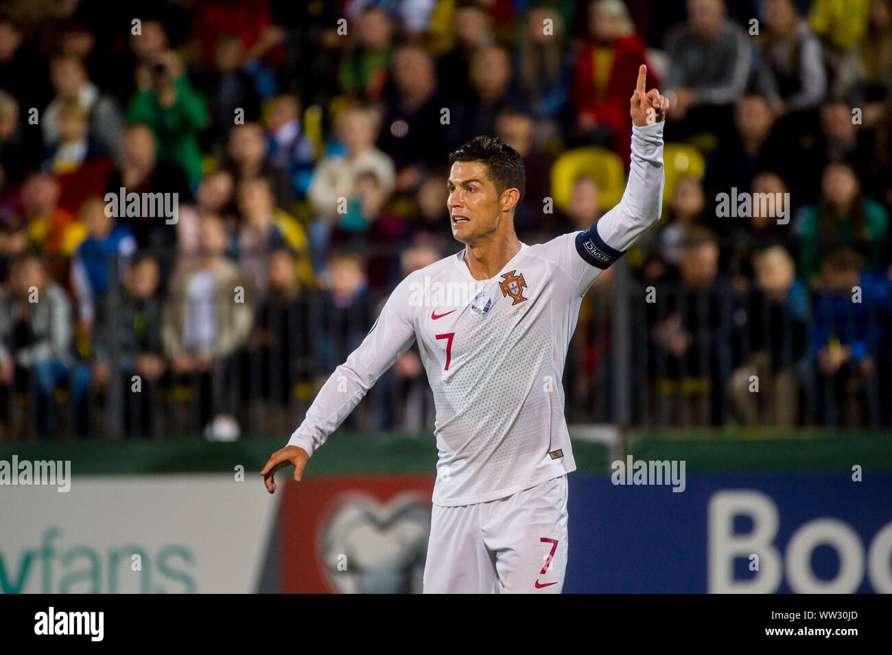 Lituania, Vilnius - 10 de septiembre de 2019: Cristiano Ronaldo durante un calificador de la UEFA EURO 2020 entre Lituania y Portugal en el LFF Arena. Foto de stock