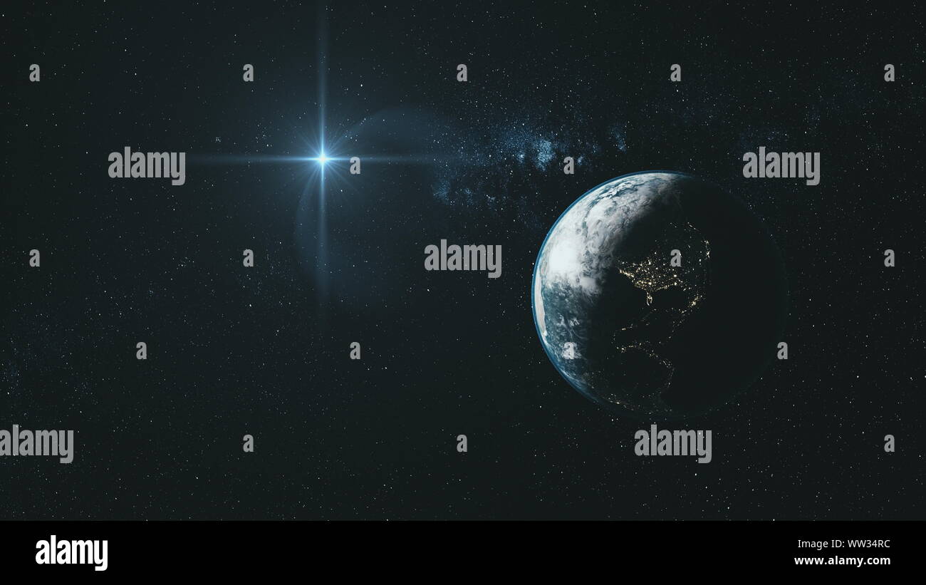 Tierra de órbita cercana estrellado descripción del espacio profundo. Universo constelación Vista Satélite. Galaxia exterior oscuro planeta Navegación Celeste Zoom en animación 3D Foto de stock
