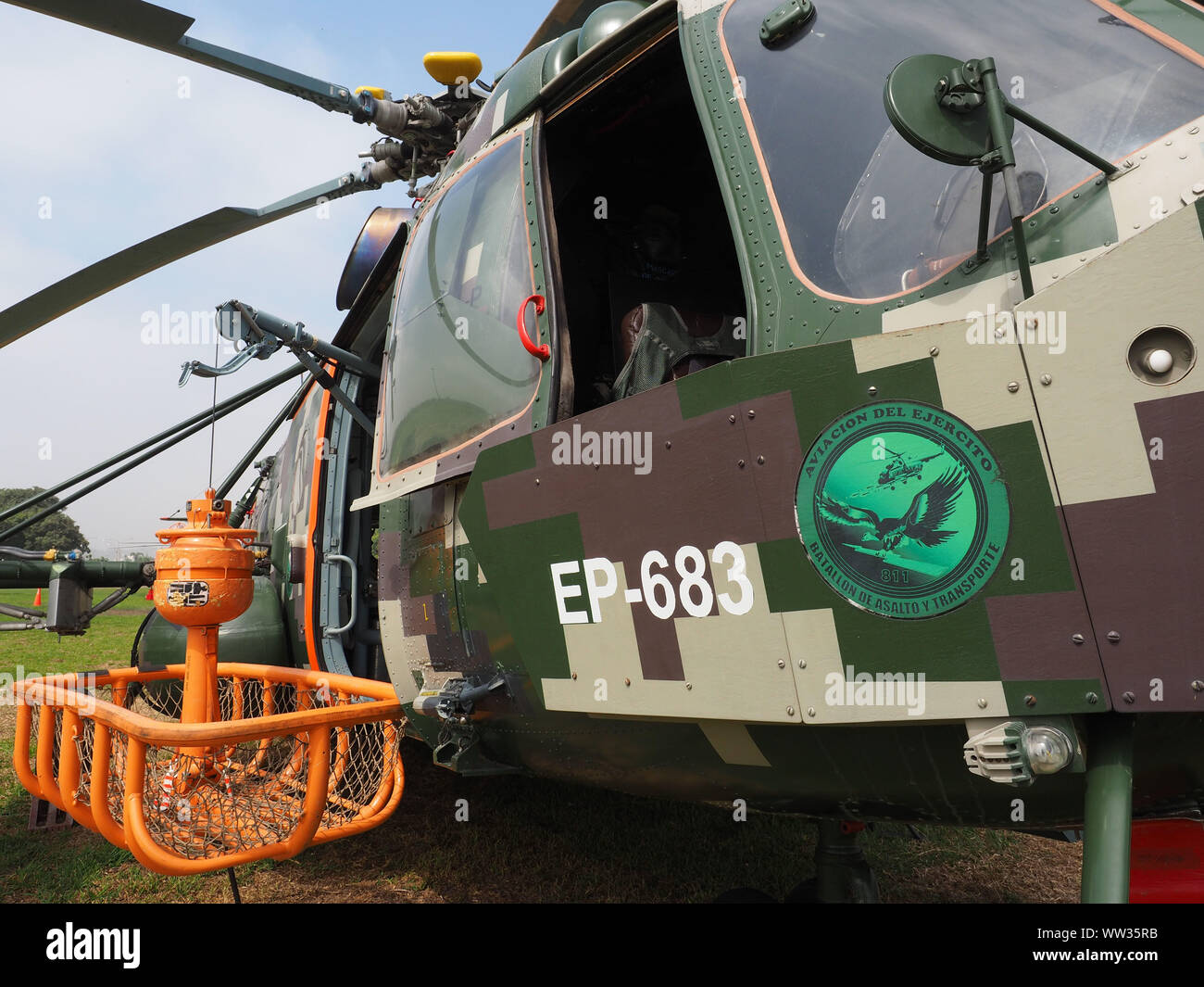 El Mil Mi-171Sh-P helicóptero armado del Ejército peruano aparece en la séptima edición de la Feria Internacional de Tecnología de Defensa, SITDEF, 2019, en el Cuartel General del Ejército peruano. El evento se celebrará del 16 al 19 de mayo con la presencia de representantes de 28 países. Foto de stock