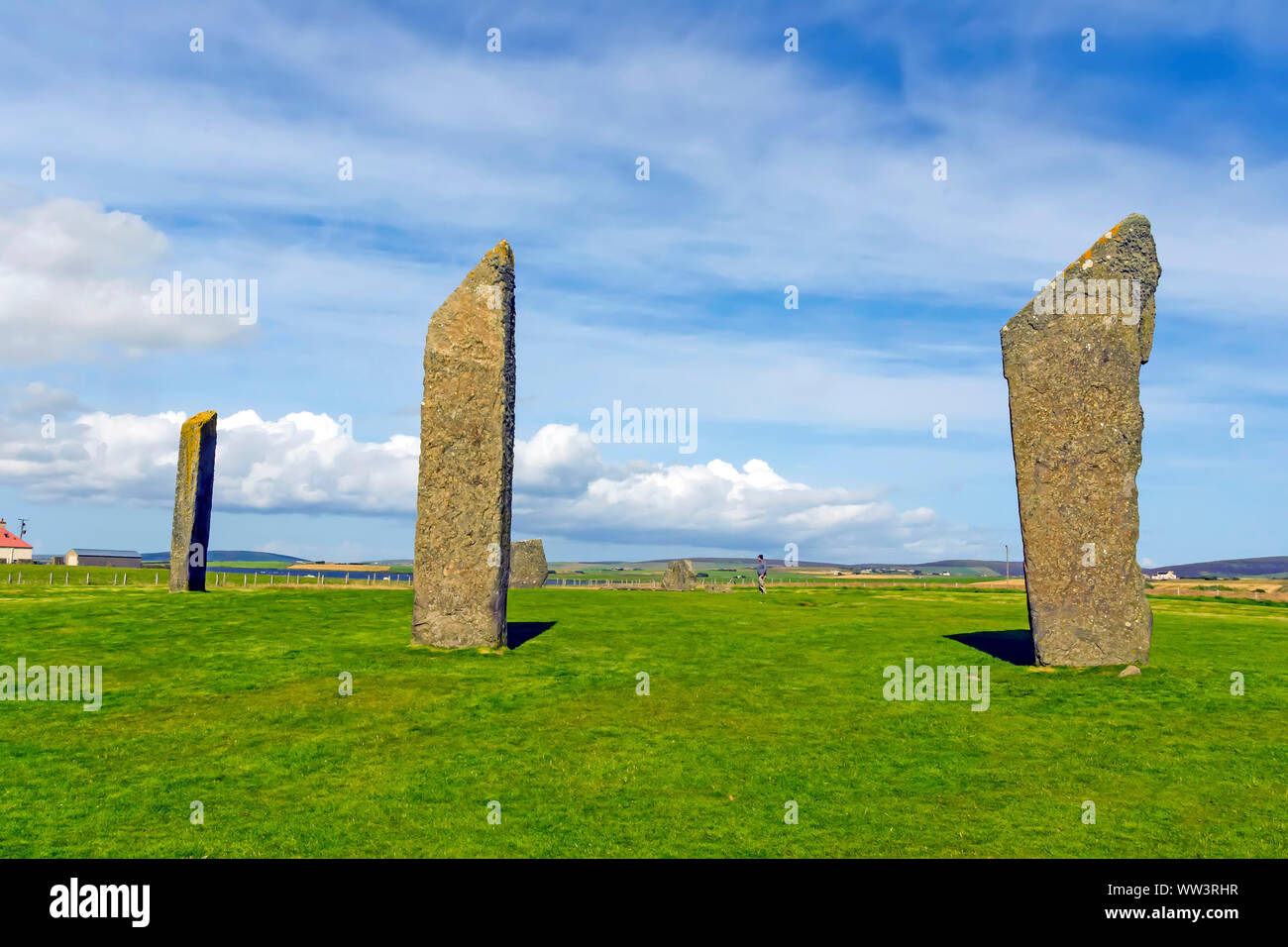 Piedras de Stenness data de al menos 3100BC y forman parte de la Heart of Neolithic Orkney Sitio de Patrimonio Mundial de la UNESCO, Escocia Foto de stock