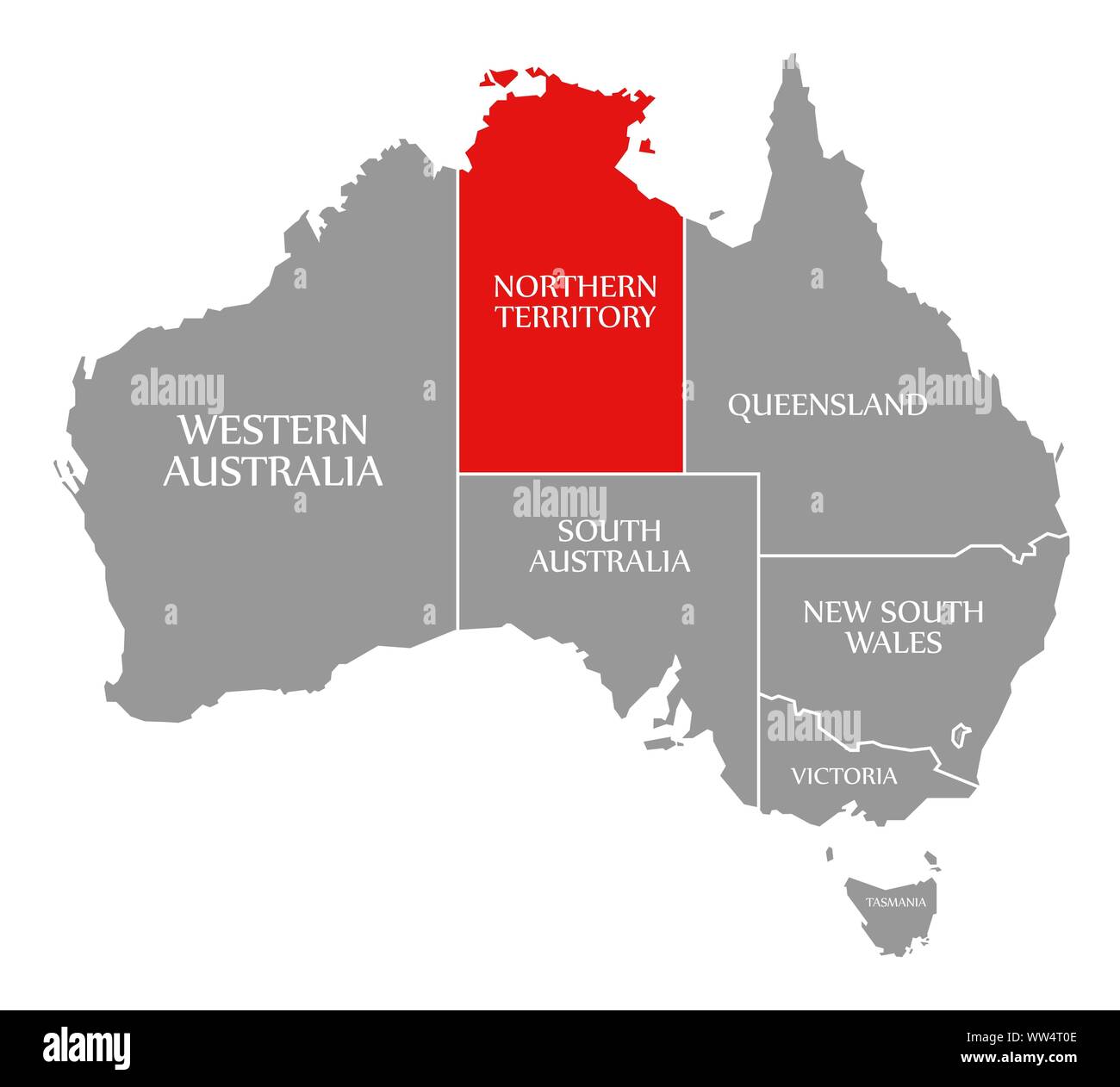 Northern Territory resaltada en rojo en el mapa de Australia Foto de stock