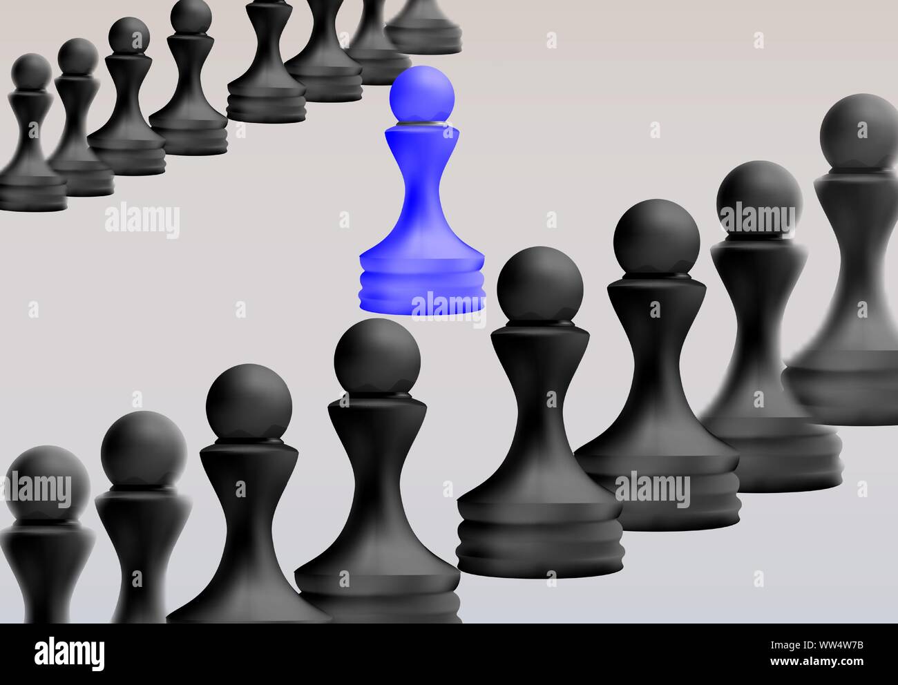 Concepto de liderazgo, Azul peón de ajedrez, sobresaliendo entre la